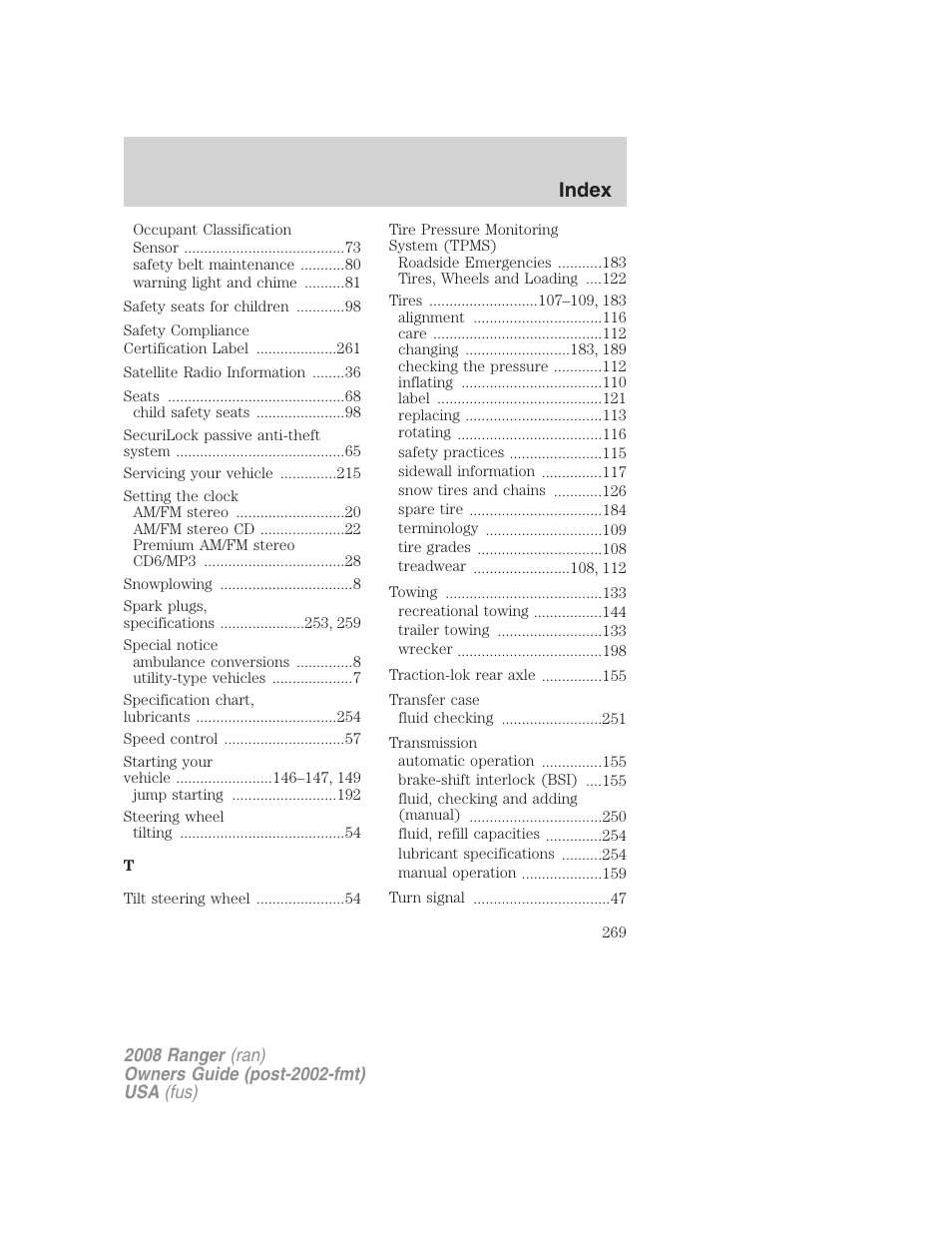 Index | FORD 2008 Ranger v.1 User Manual | Page 269 / 272