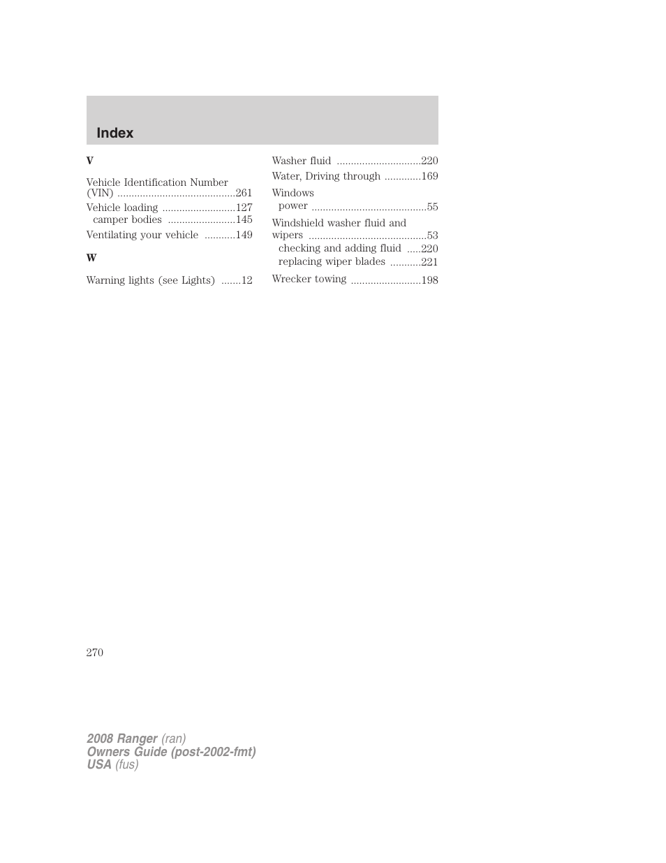 Index | FORD 2008 Ranger v.1 User Manual | Page 270 / 272