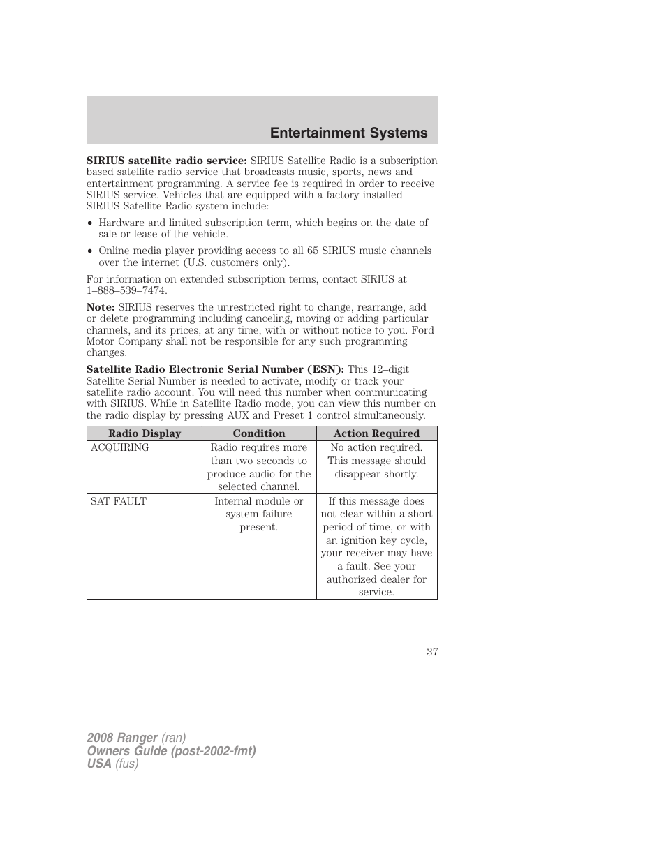 Entertainment systems | FORD 2008 Ranger v.1 User Manual | Page 37 / 272