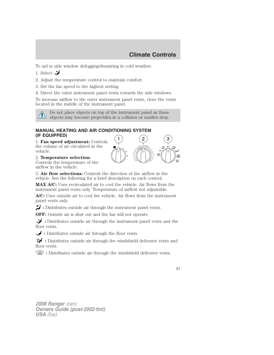 Manual heating and air conditioning, Climate controls | FORD 2008 Ranger v.1 User Manual | Page 41 / 272