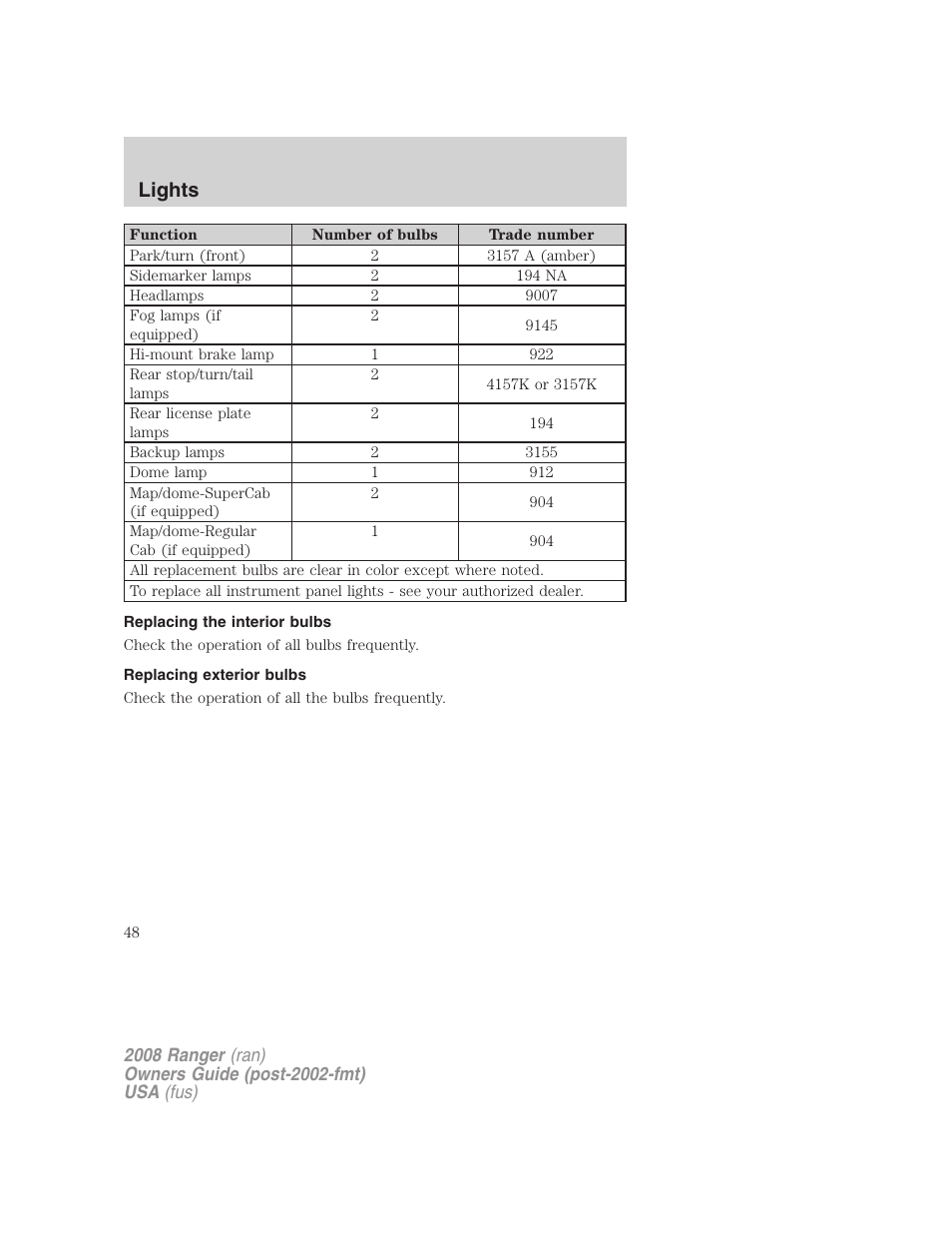 Replacing the interior bulbs, Replacing exterior bulbs, Lights | FORD 2008 Ranger v.1 User Manual | Page 48 / 272