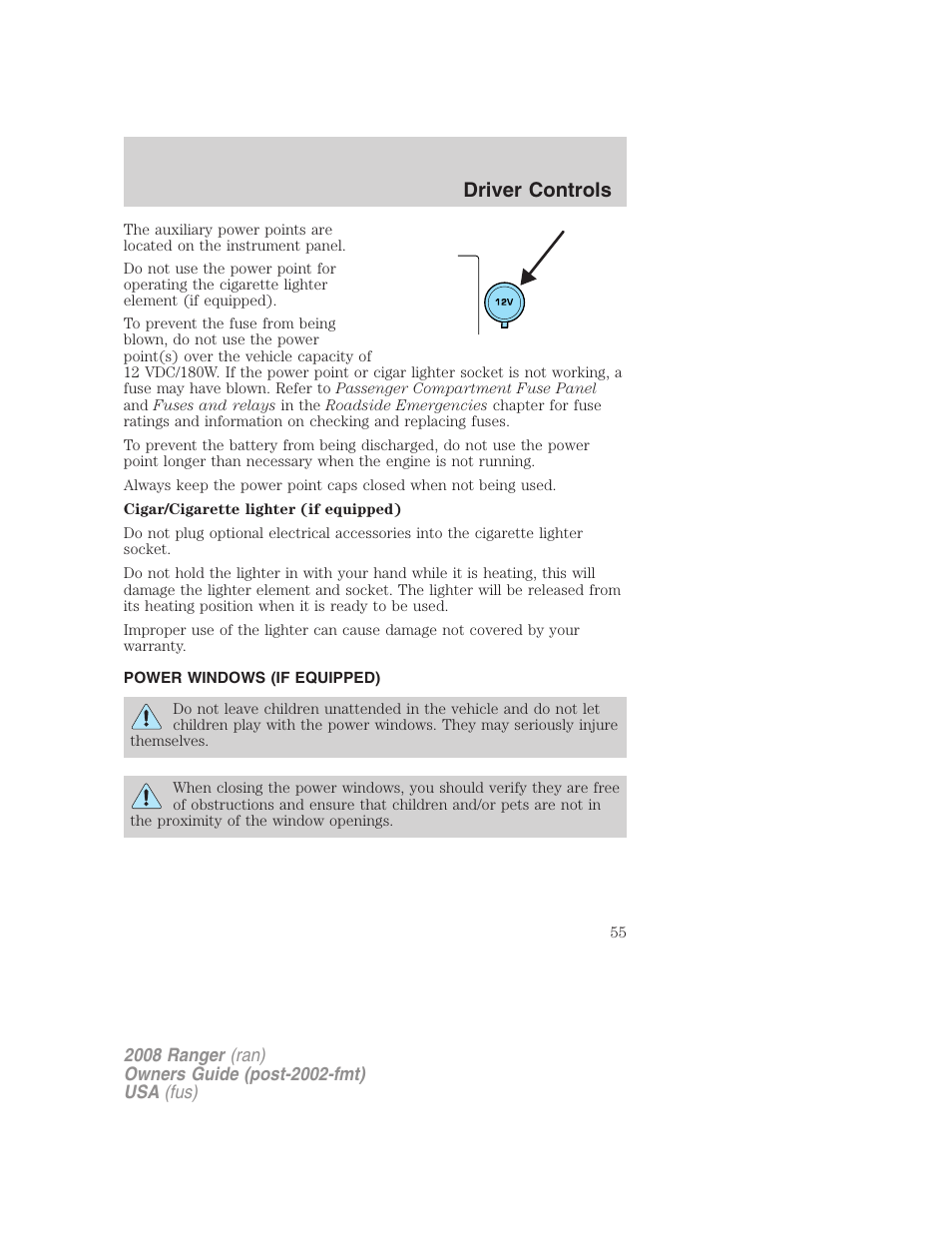 Power windows (if equipped), Power windows, Driver controls | FORD 2008 Ranger v.1 User Manual | Page 55 / 272