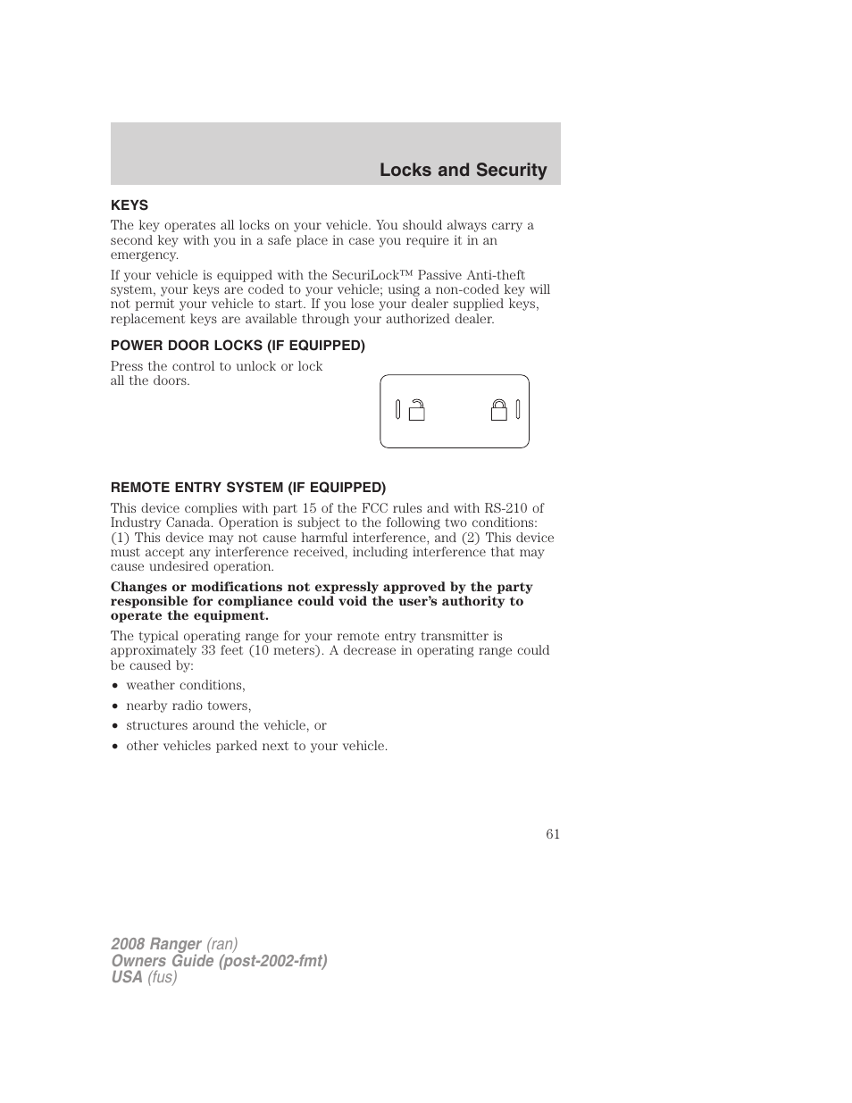 Locks and security, Keys, Power door locks (if equipped) | Remote entry system (if equipped), Locks | FORD 2008 Ranger v.1 User Manual | Page 61 / 272