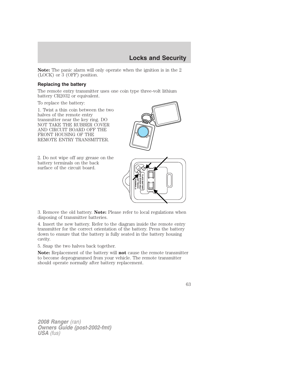Replacing the battery, Locks and security | FORD 2008 Ranger v.1 User Manual | Page 63 / 272