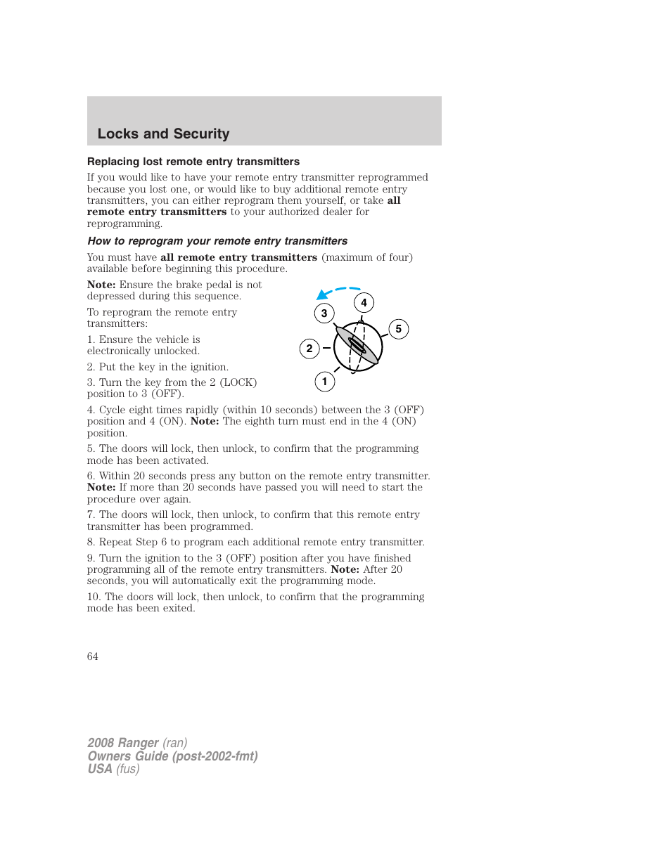 Replacing lost remote entry transmitters, How to reprogram your remote entry transmitters, Locks and security | FORD 2008 Ranger v.1 User Manual | Page 64 / 272