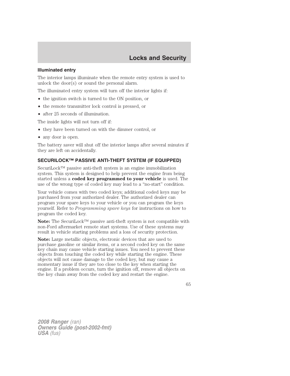 Illuminated entry, Anti-theft system, Locks and security | FORD 2008 Ranger v.1 User Manual | Page 65 / 272