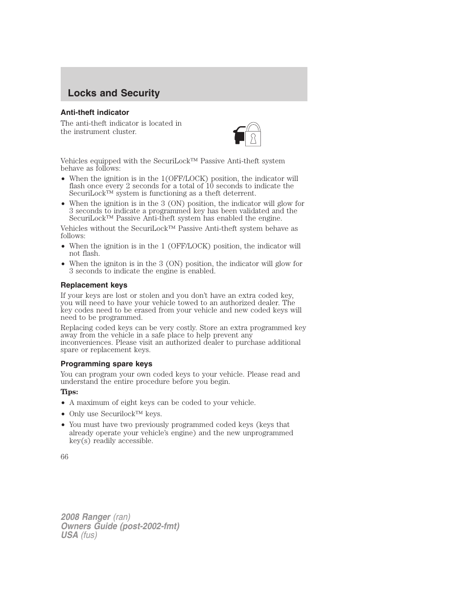 Anti-theft indicator, Replacement keys, Programming spare keys | Locks and security | FORD 2008 Ranger v.1 User Manual | Page 66 / 272