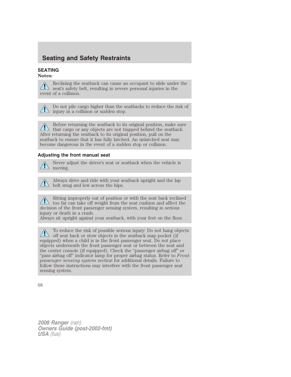 Seating and safety restraints, Seating, Adjusting the front manual seat | FORD 2008 Ranger v.1 User Manual | Page 68 / 272