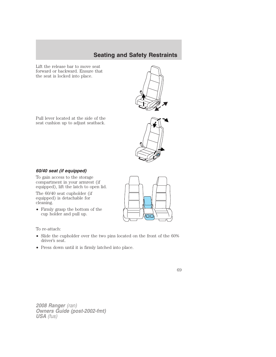 60/40 seat (if equipped), Seating and safety restraints | FORD 2008 Ranger v.1 User Manual | Page 69 / 272