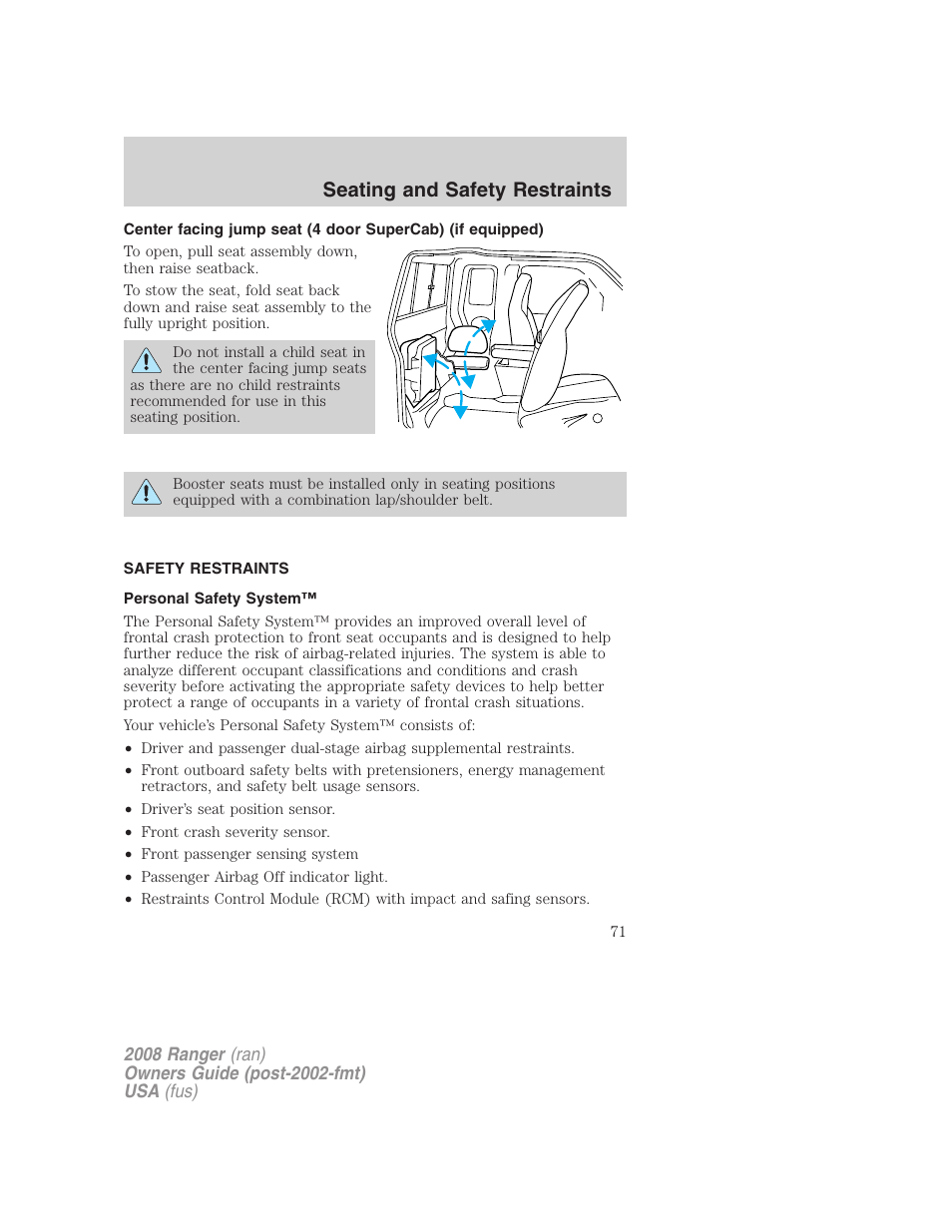 Safety restraints, Personal safety system, Seating and safety restraints | FORD 2008 Ranger v.1 User Manual | Page 71 / 272