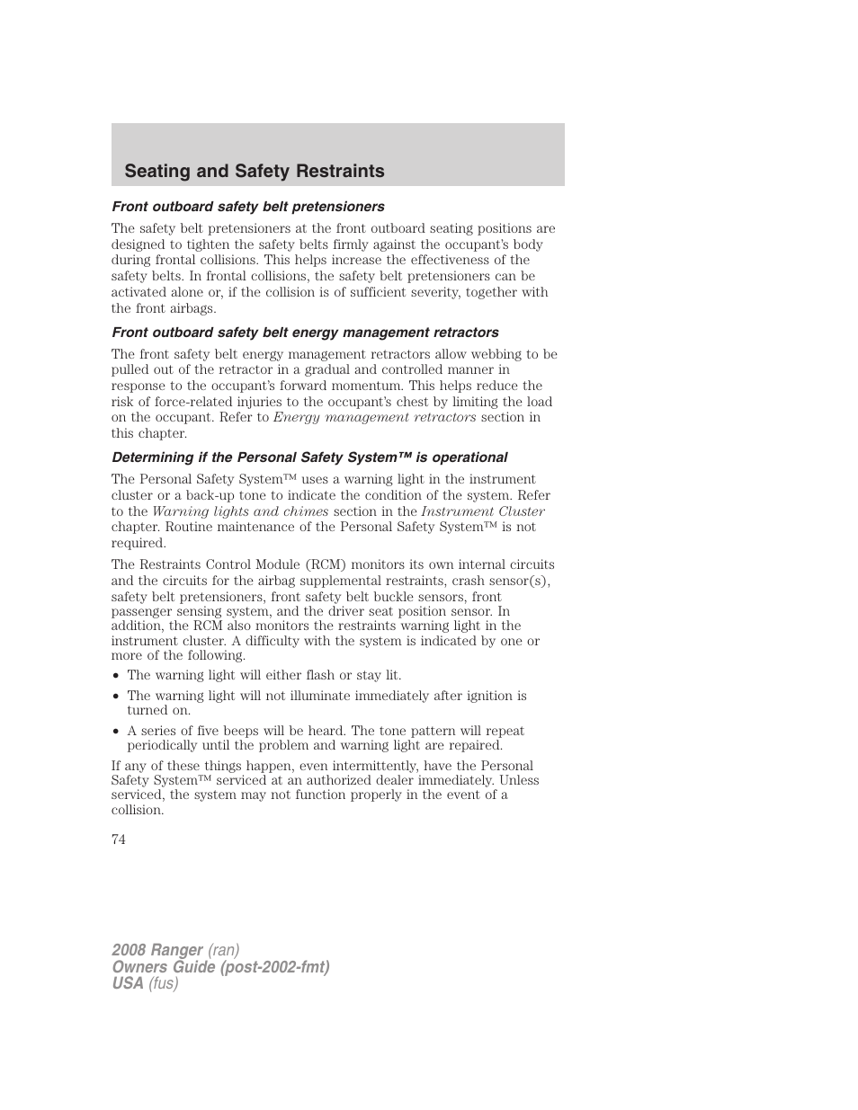 Front outboard safety belt pretensioners, Seating and safety restraints | FORD 2008 Ranger v.1 User Manual | Page 74 / 272