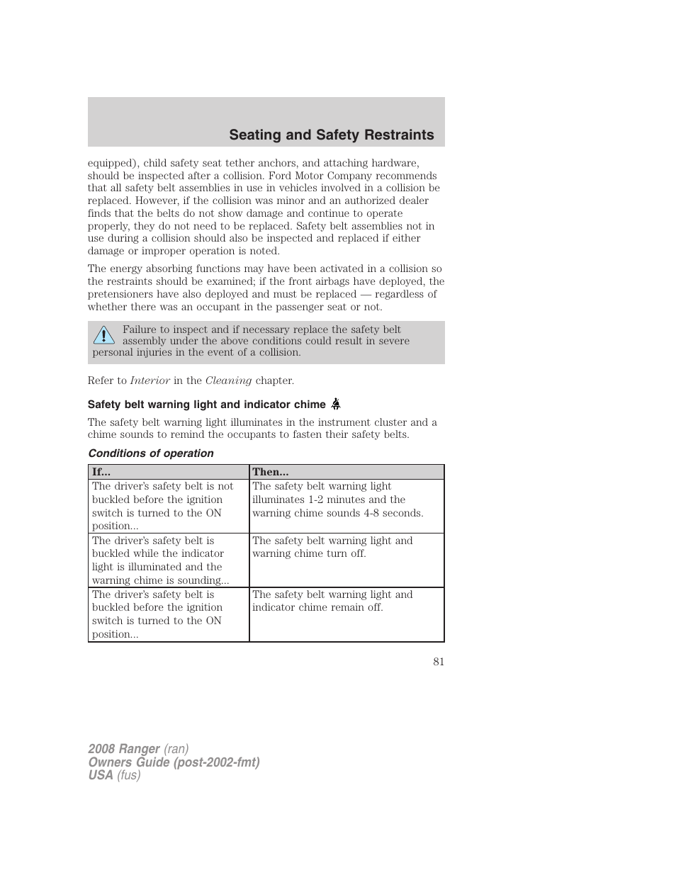 Safety belt warning light and indicator chime, Conditions of operation, Seating and safety restraints | FORD 2008 Ranger v.1 User Manual | Page 81 / 272