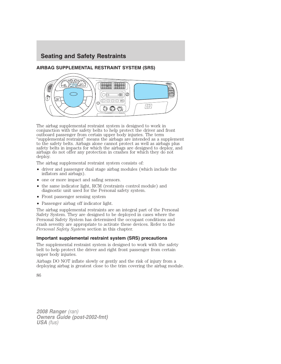 Airbag supplemental restraint system (srs), Airbags, Seating and safety restraints | FORD 2008 Ranger v.1 User Manual | Page 86 / 272