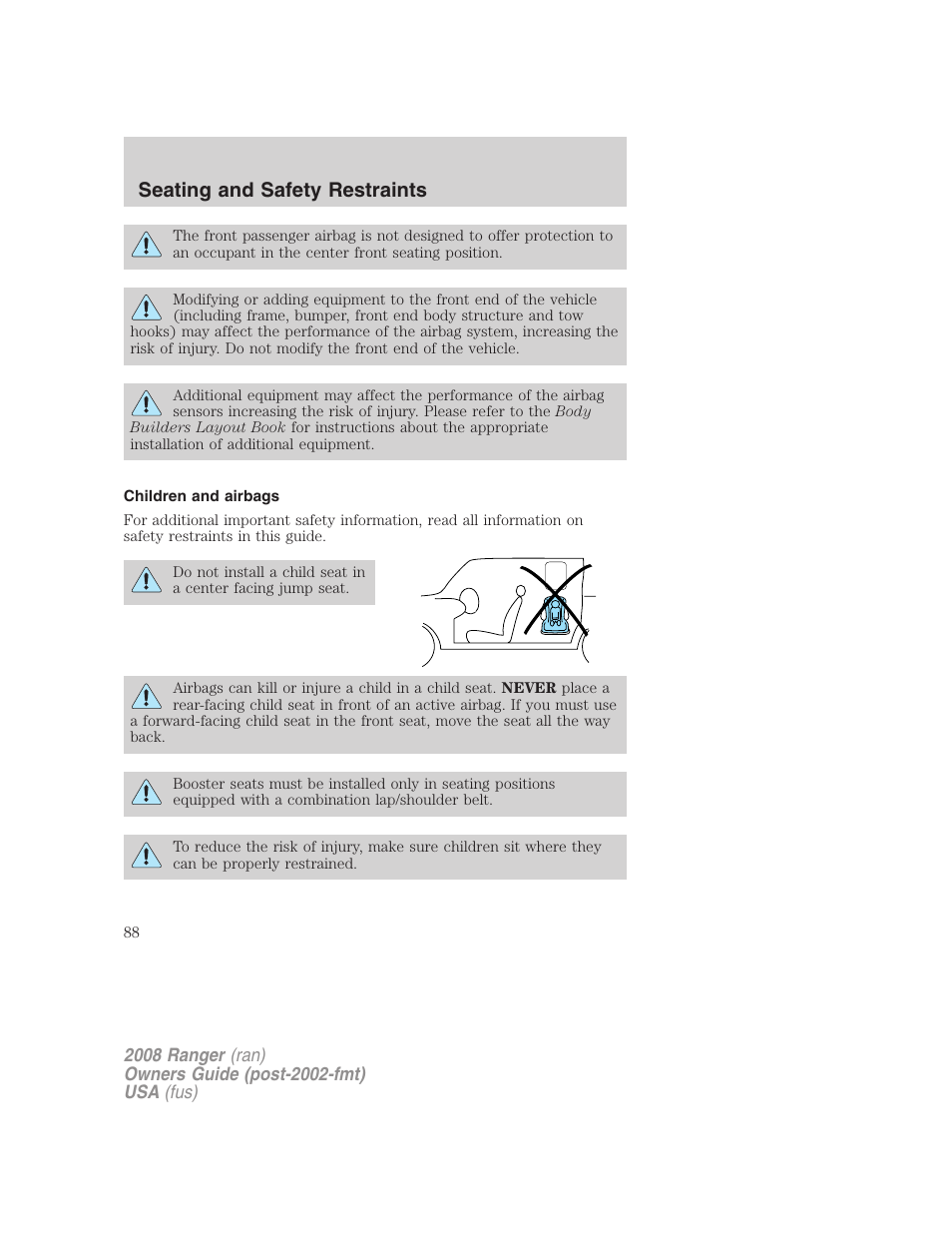 Children and airbags, Seating and safety restraints | FORD 2008 Ranger v.1 User Manual | Page 88 / 272