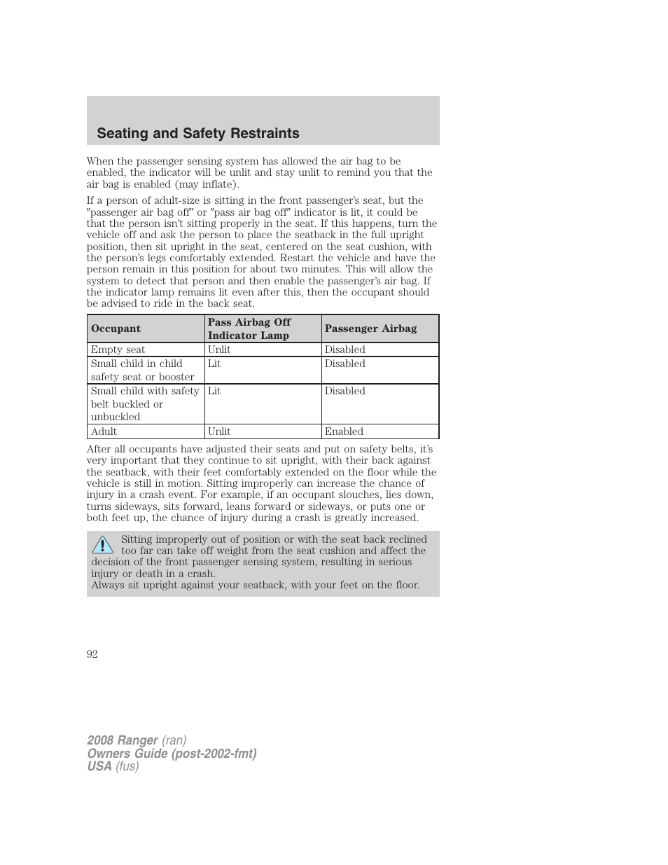 Seating and safety restraints | FORD 2008 Ranger v.1 User Manual | Page 92 / 272