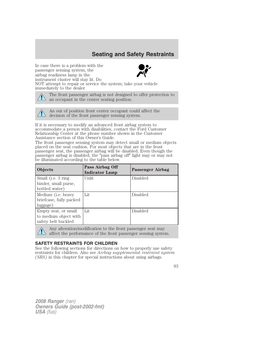Safety restraints for children, Child restraints, Seating and safety restraints | FORD 2008 Ranger v.1 User Manual | Page 93 / 272