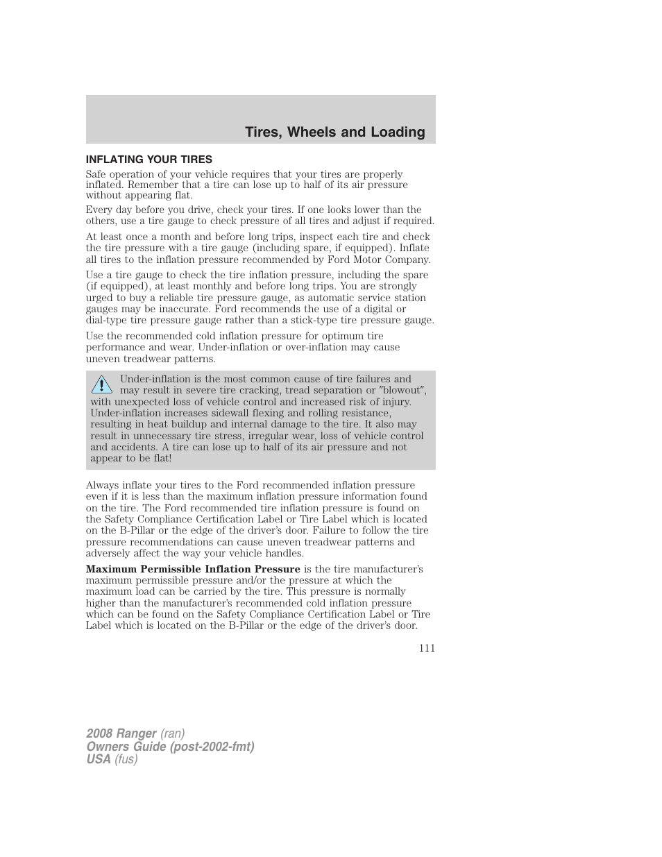 Inflating your tires, Tire inflation, Tires, wheels and loading | FORD 2008 Ranger v.2 User Manual | Page 111 / 272