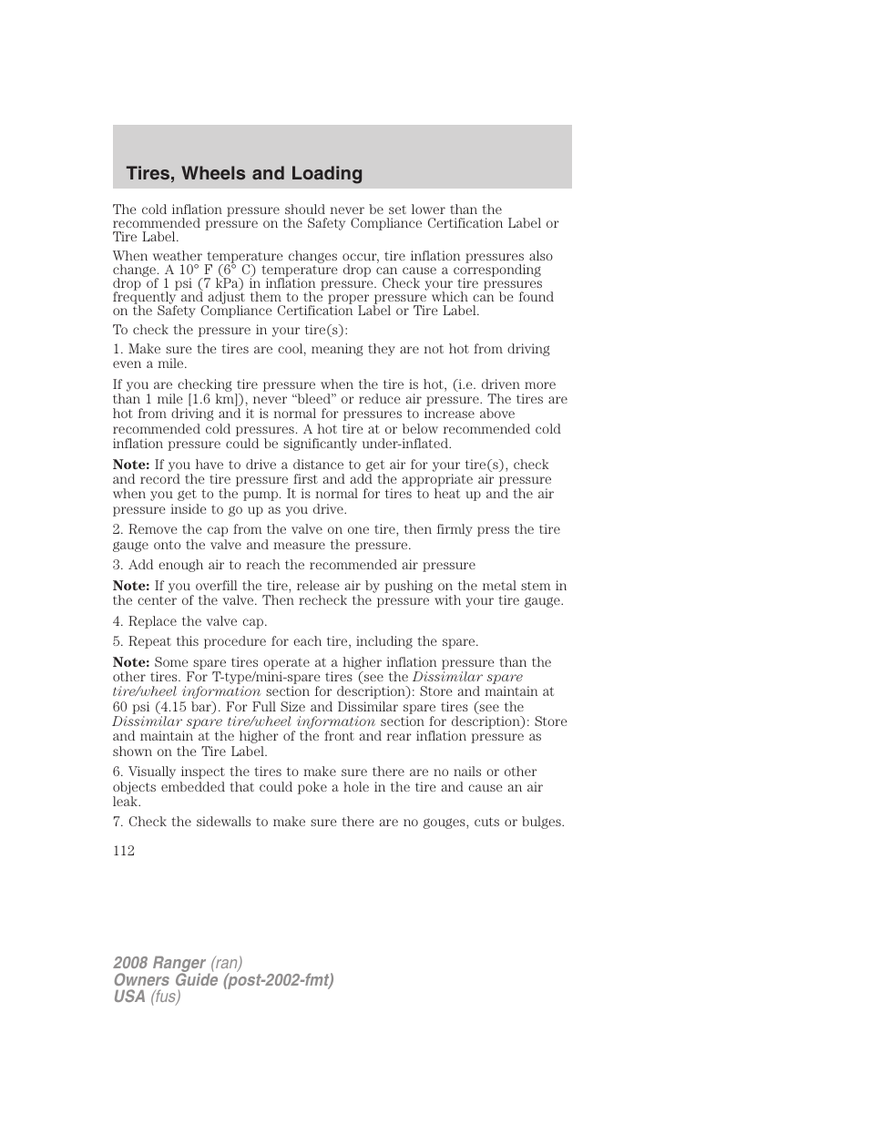 Tires, wheels and loading | FORD 2008 Ranger v.2 User Manual | Page 112 / 272