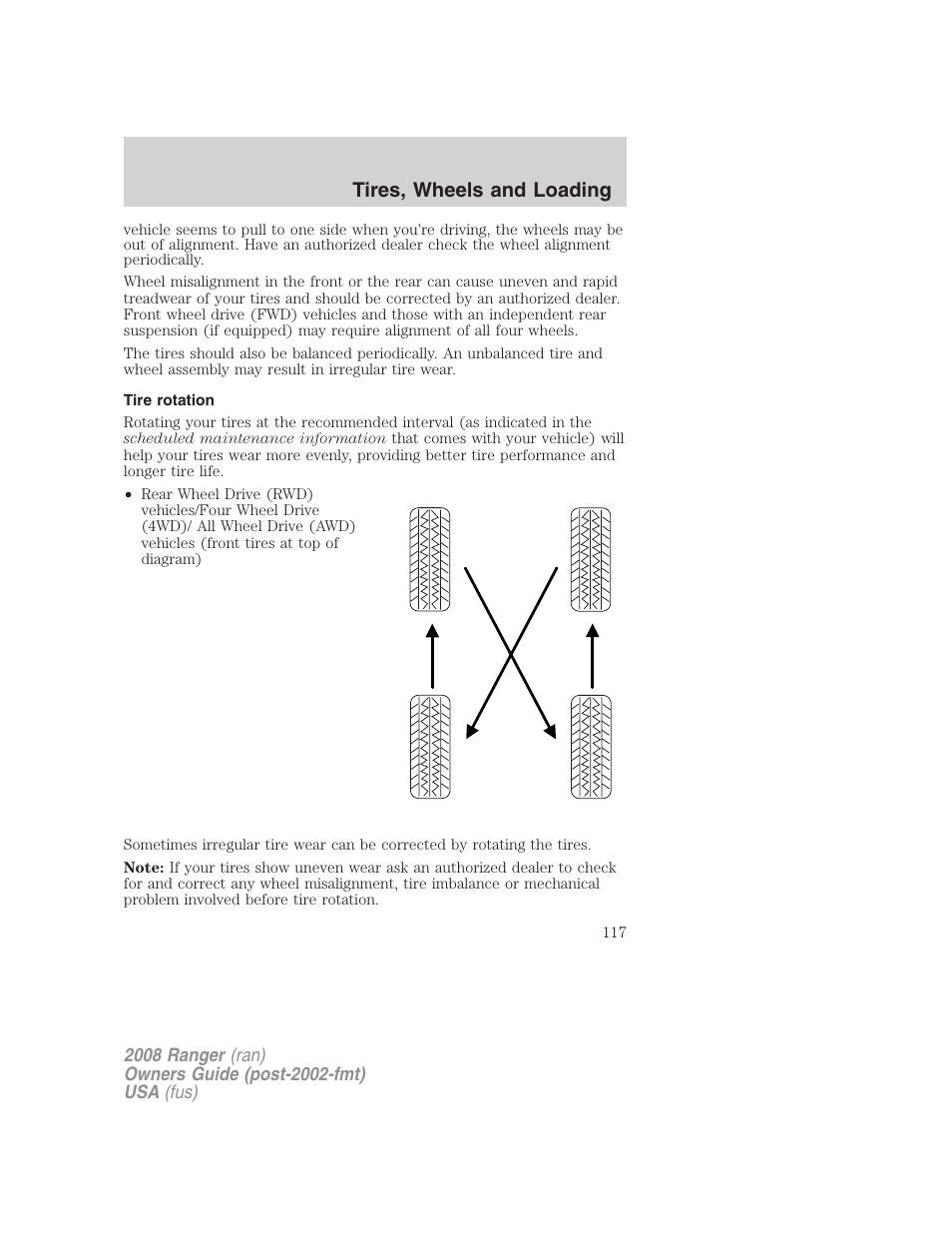 Tire rotation, Tires, wheels and loading | FORD 2008 Ranger v.2 User Manual | Page 117 / 272