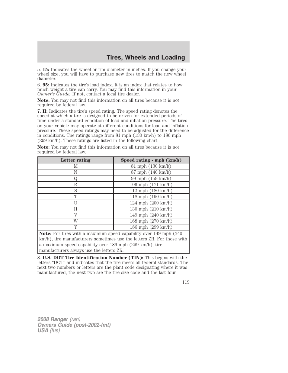 Tires, wheels and loading | FORD 2008 Ranger v.2 User Manual | Page 119 / 272