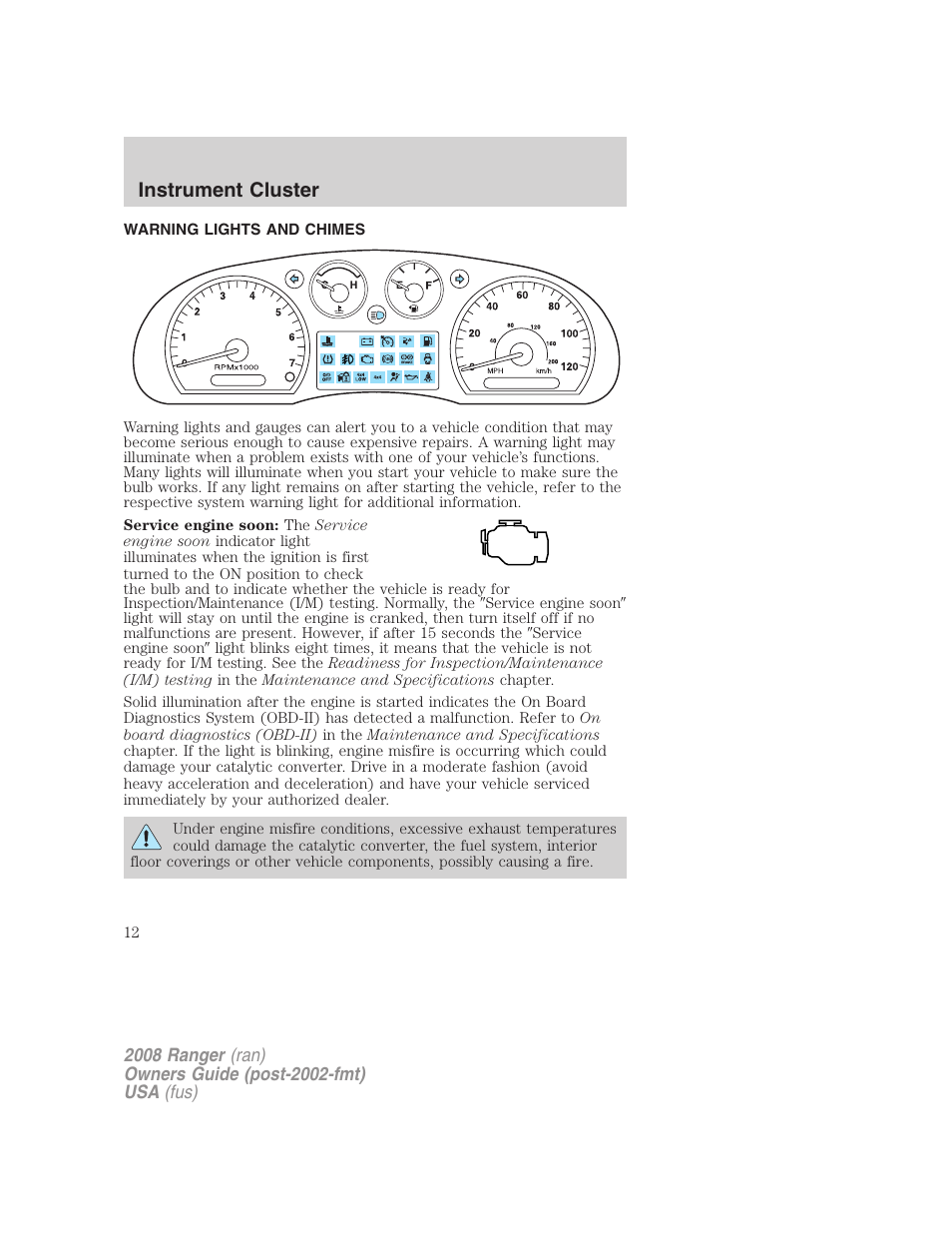Instrument cluster, Warning lights and chimes | FORD 2008 Ranger v.2 User Manual | Page 12 / 272