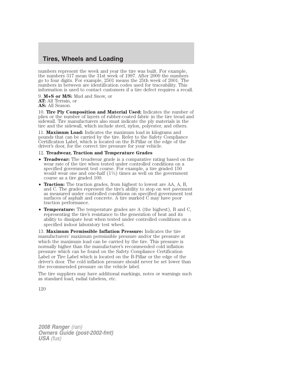 Tires, wheels and loading | FORD 2008 Ranger v.2 User Manual | Page 120 / 272