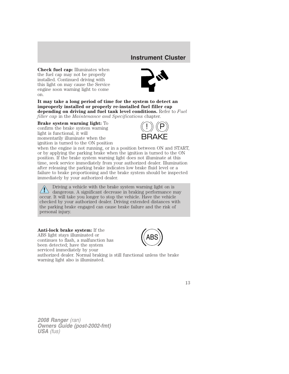 P! brake abs | FORD 2008 Ranger v.2 User Manual | Page 13 / 272