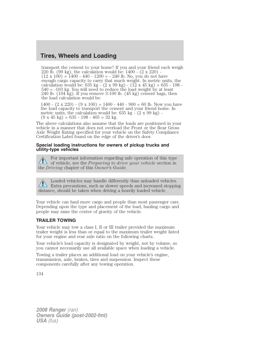 Trailer towing, Tires, wheels and loading | FORD 2008 Ranger v.2 User Manual | Page 134 / 272