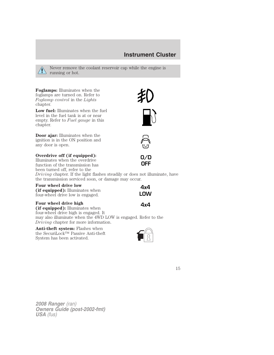 Instrument cluster | FORD 2008 Ranger v.2 User Manual | Page 15 / 272