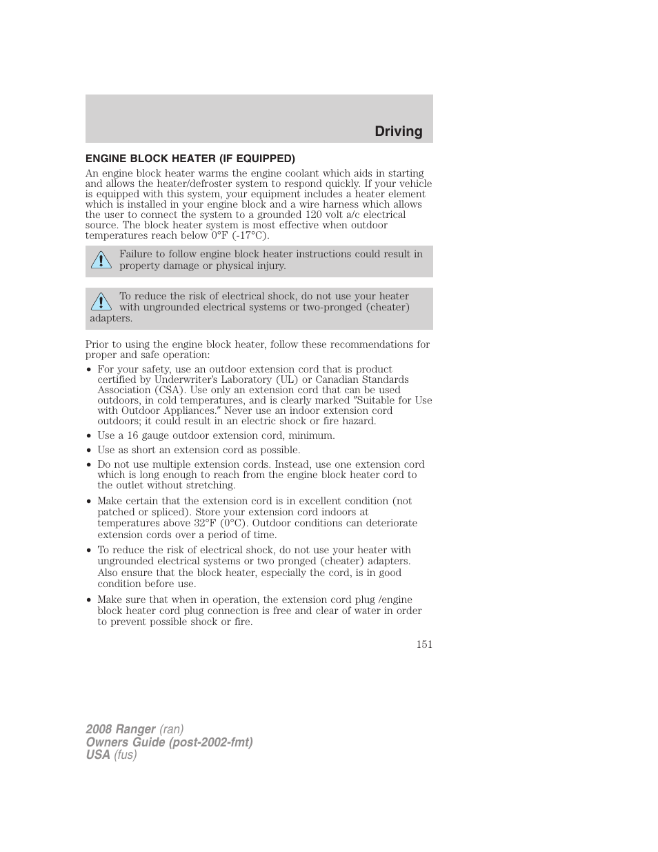 Engine block heater (if equipped), Driving | FORD 2008 Ranger v.2 User Manual | Page 151 / 272