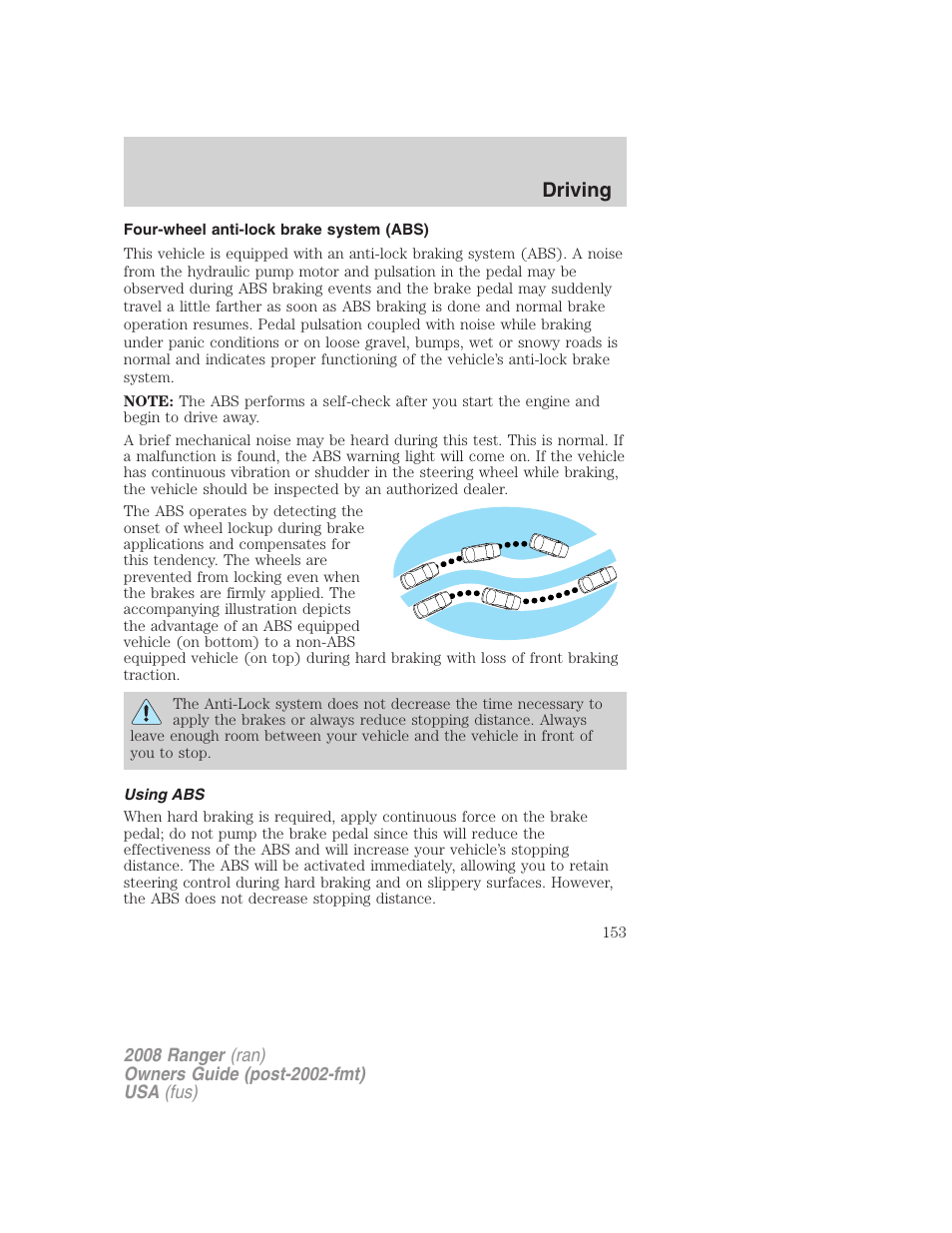 Four-wheel anti-lock brake system (abs), Using abs, Driving | FORD 2008 Ranger v.2 User Manual | Page 153 / 272