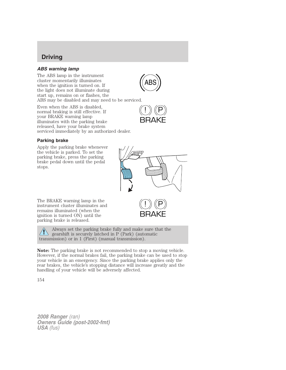 Abs warning lamp, Parking brake, Abs p ! brake p ! brake | FORD 2008 Ranger v.2 User Manual | Page 154 / 272
