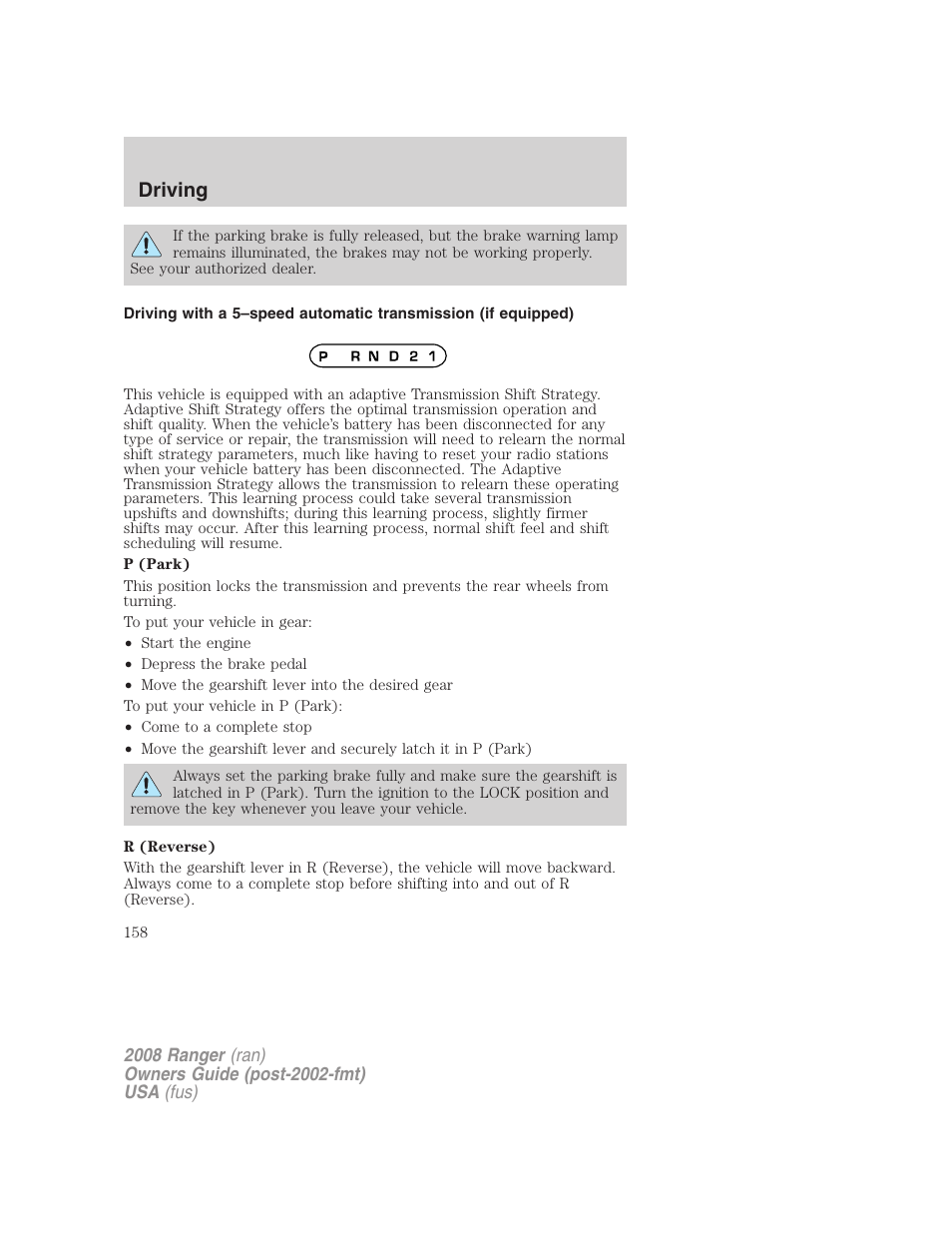 Driving | FORD 2008 Ranger v.2 User Manual | Page 158 / 272