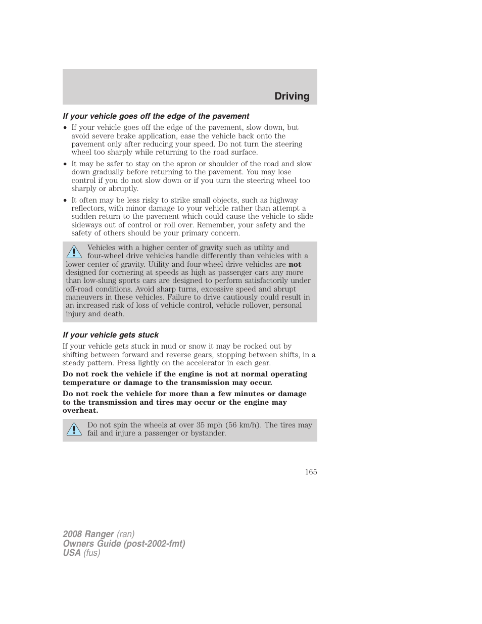 If your vehicle goes off the edge of the pavement, If your vehicle gets stuck, Driving | FORD 2008 Ranger v.2 User Manual | Page 165 / 272