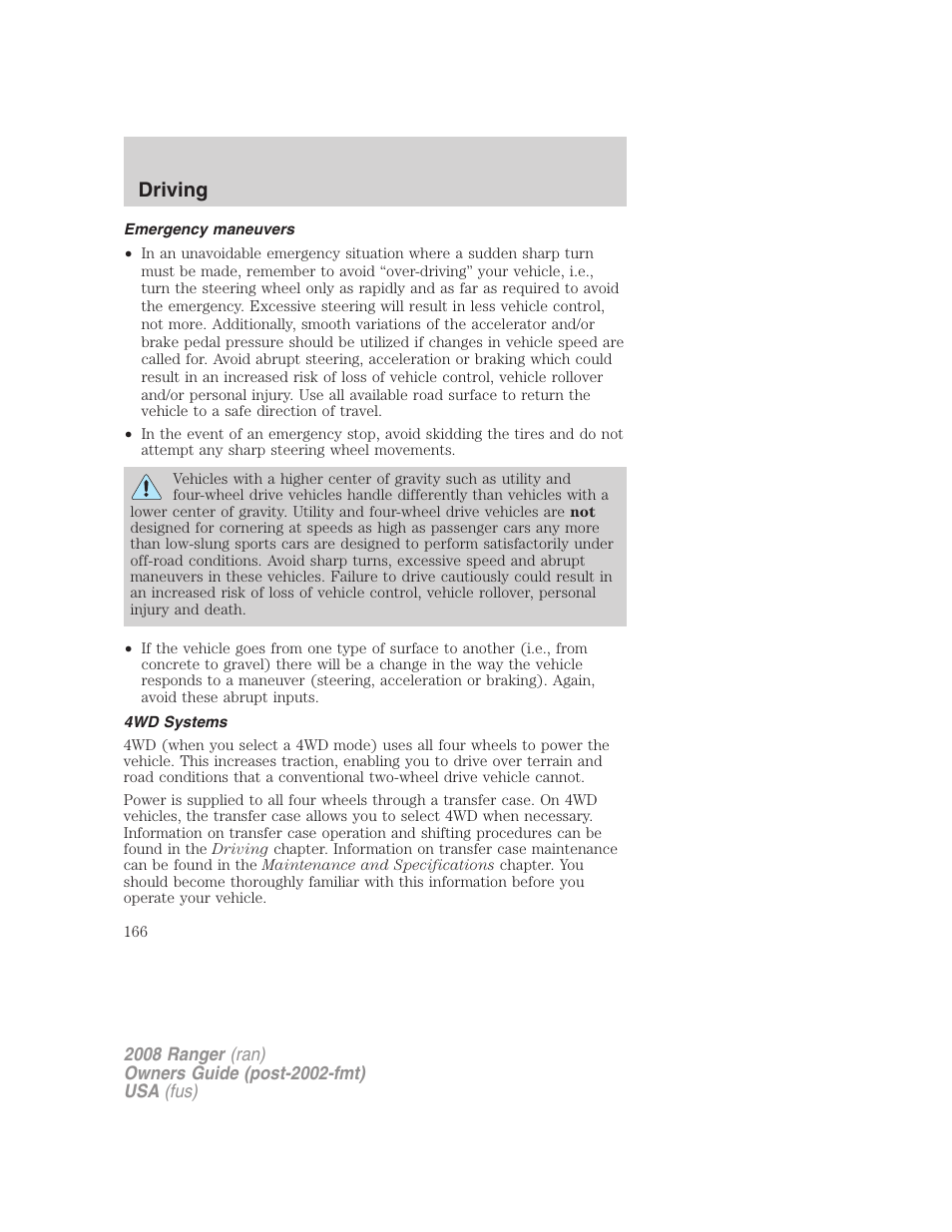 Emergency maneuvers, 4wd systems, Driving | FORD 2008 Ranger v.2 User Manual | Page 166 / 272