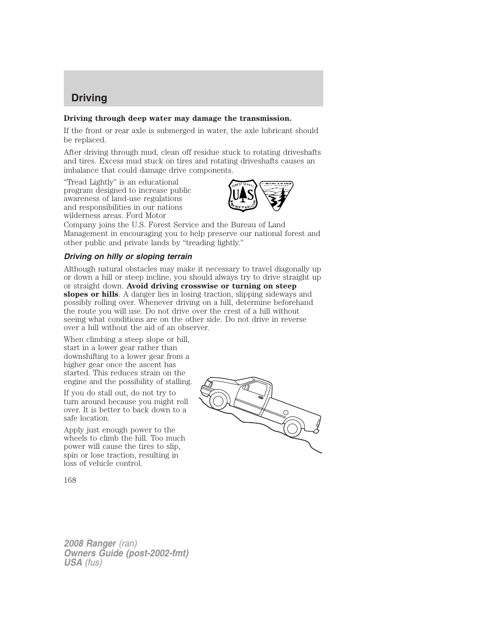 Driving on hilly or sloping terrain, Driving | FORD 2008 Ranger v.2 User Manual | Page 168 / 272