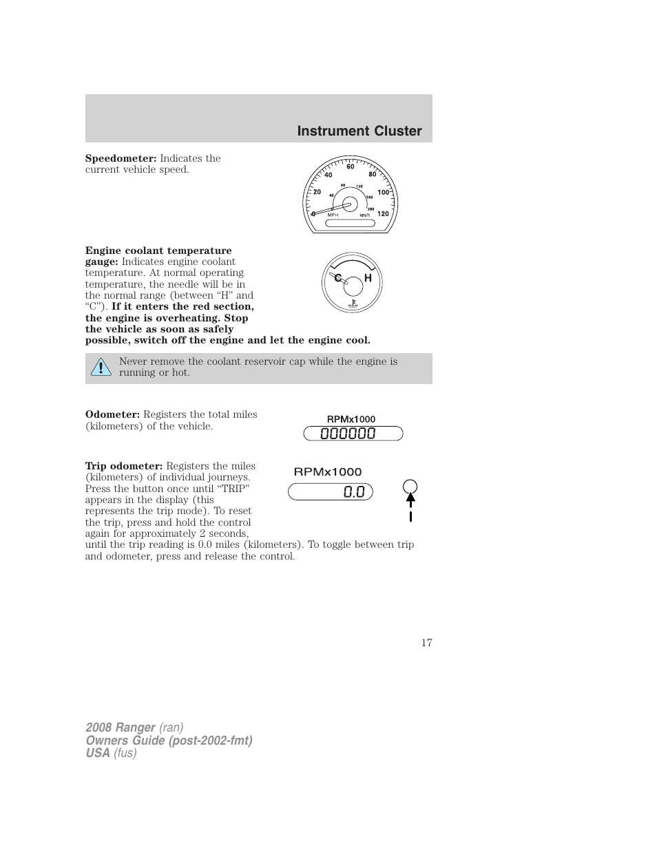 Instrument cluster | FORD 2008 Ranger v.2 User Manual | Page 17 / 272