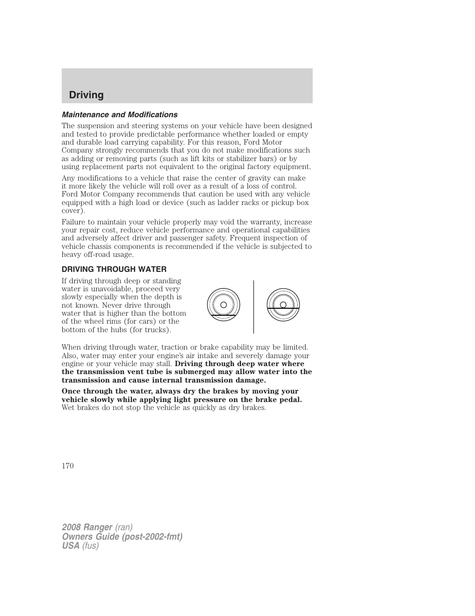 Maintenance and modifications, Driving through water, Driving | FORD 2008 Ranger v.2 User Manual | Page 170 / 272