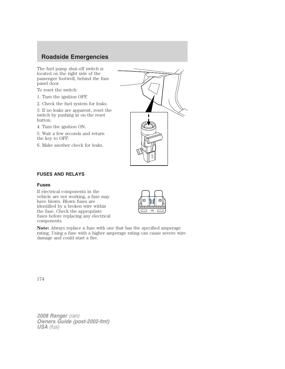 Fuses and relays, Fuses, Roadside emergencies | FORD 2008 Ranger v.2 User Manual | Page 174 / 272