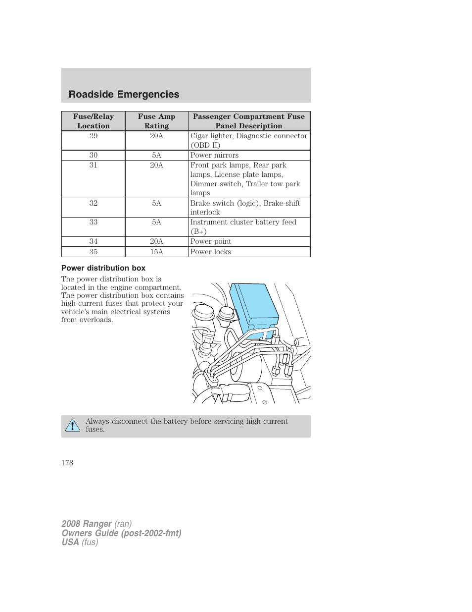 Power distribution box, Roadside emergencies | FORD 2008 Ranger v.2 User Manual | Page 178 / 272