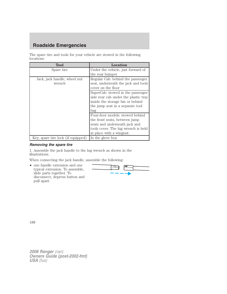 Removing the spare tire, Roadside emergencies | FORD 2008 Ranger v.2 User Manual | Page 188 / 272