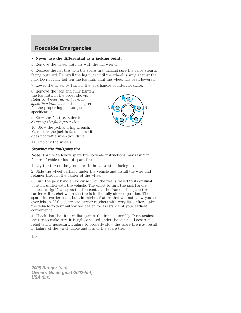 Stowing the flat/spare tire, Roadside emergencies | FORD 2008 Ranger v.2 User Manual | Page 192 / 272