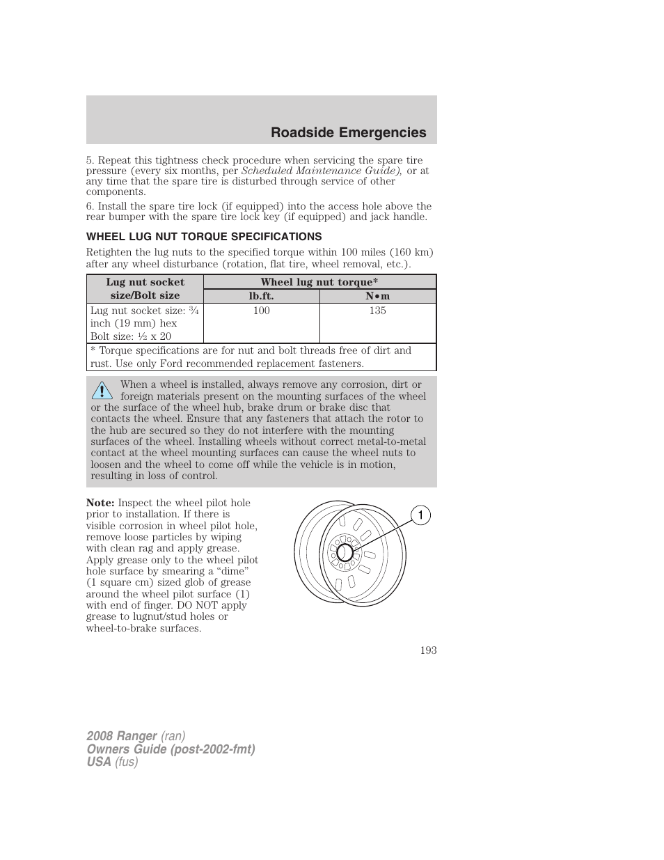 Wheel lug nut torque specifications, Lug nut torque, Roadside emergencies | FORD 2008 Ranger v.2 User Manual | Page 193 / 272