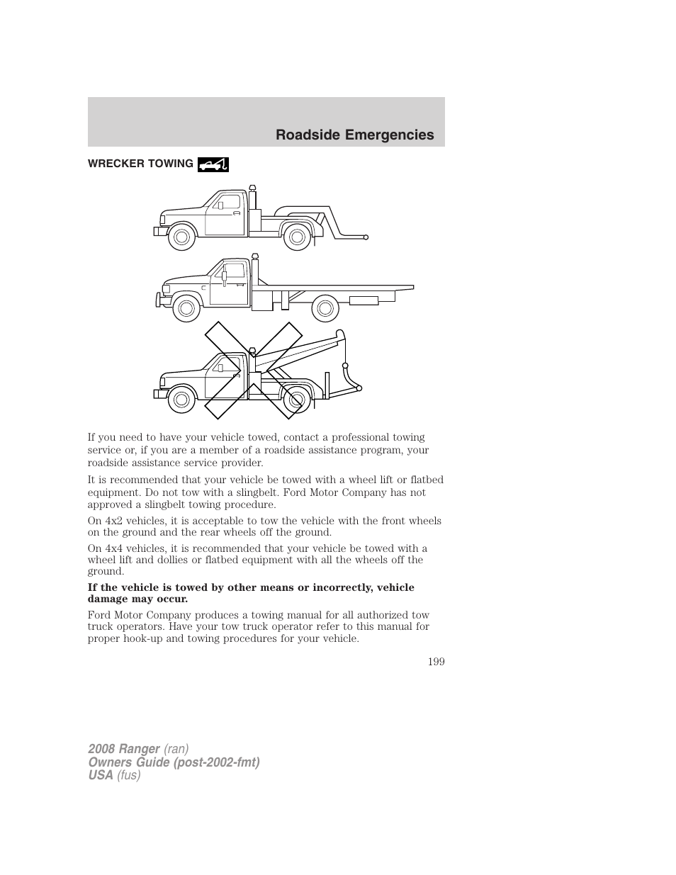 Wrecker towing, Roadside emergencies | FORD 2008 Ranger v.2 User Manual | Page 199 / 272