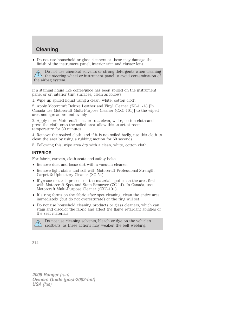 Interior, Cleaning | FORD 2008 Ranger v.2 User Manual | Page 214 / 272