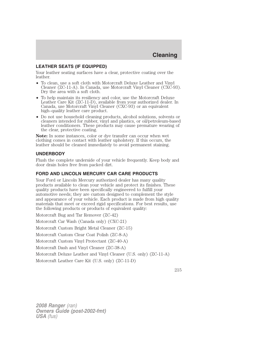 Leather seats (if equipped), Underbody, Ford and lincoln mercury car care products | Cleaning | FORD 2008 Ranger v.2 User Manual | Page 215 / 272