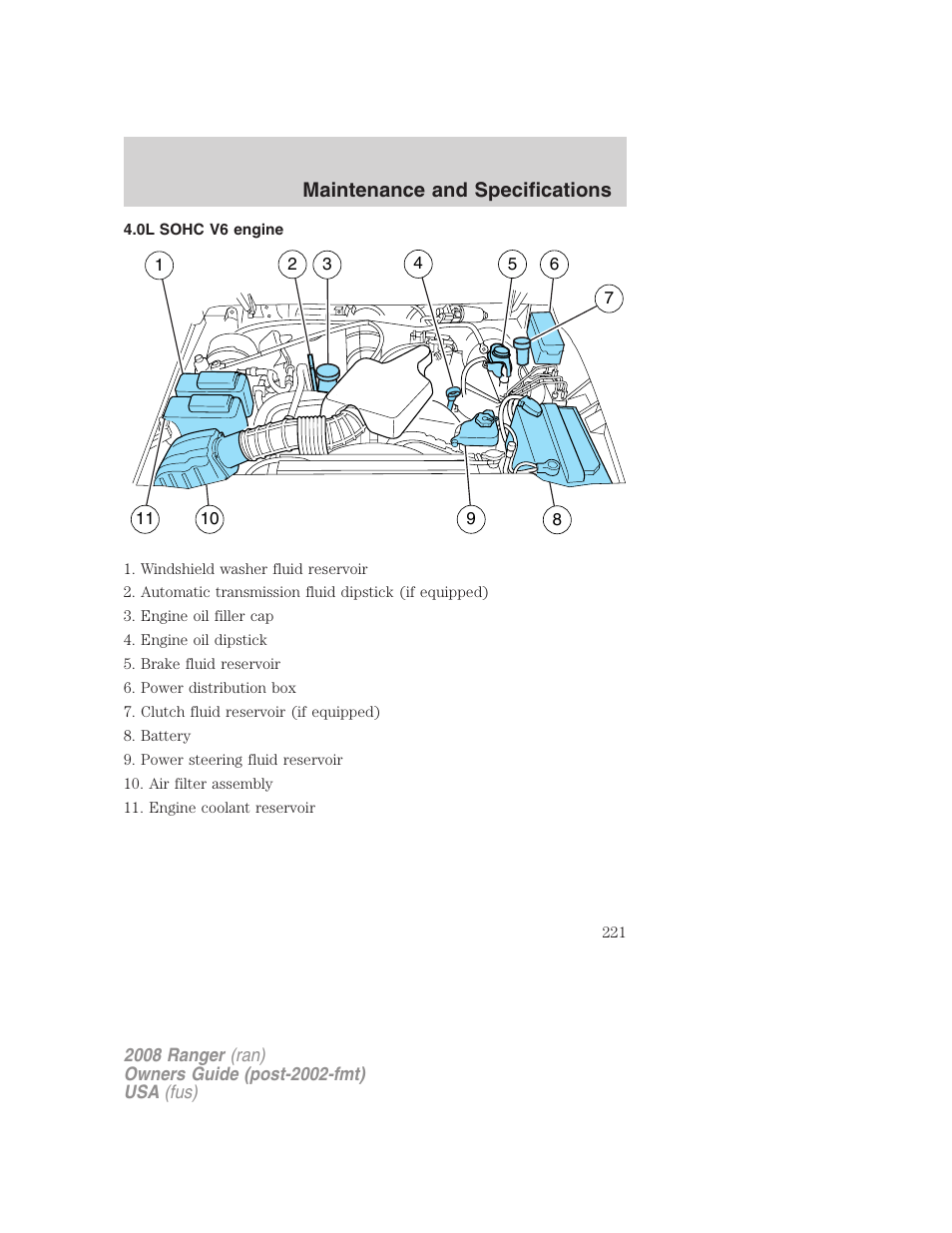 0l sohc v6 engine, Maintenance and specifications | FORD 2008 Ranger v.2 User Manual | Page 221 / 272
