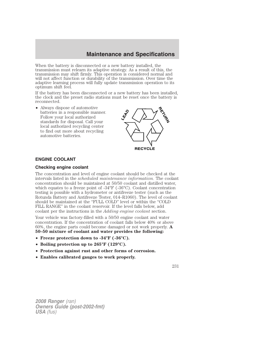 Engine coolant, Checking engine coolant, Maintenance and specifications | FORD 2008 Ranger v.2 User Manual | Page 231 / 272