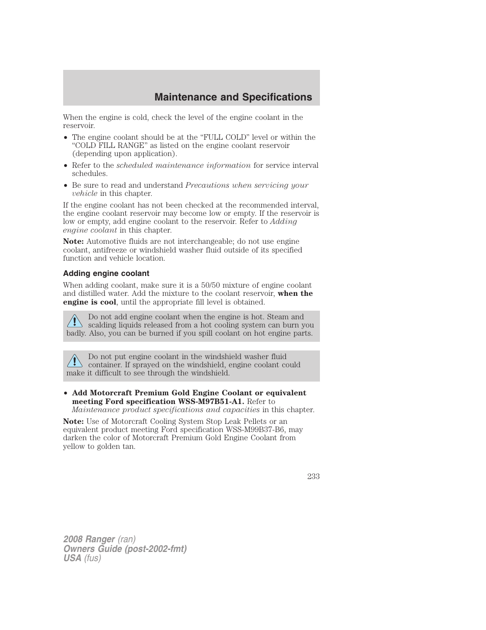 Adding engine coolant, Maintenance and specifications | FORD 2008 Ranger v.2 User Manual | Page 233 / 272