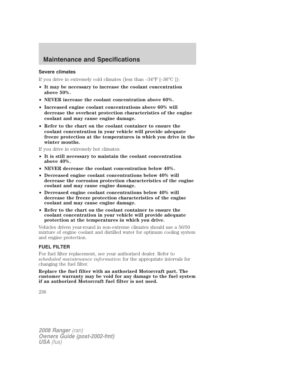 Severe climates, Fuel filter, Maintenance and specifications | FORD 2008 Ranger v.2 User Manual | Page 236 / 272